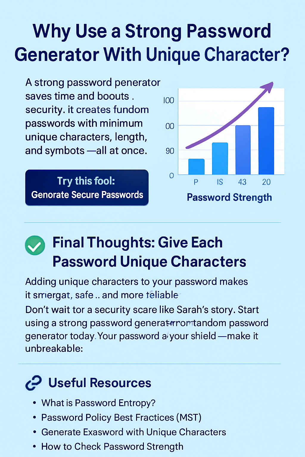 A strong password generator saves time and boosts security. It creates random passwords with minimum unique characters, length, and symbols — all at once.
Try this tool: Generate Secure Passwords

✅ Final Thoughts: Give Each Password Unique Characters
Adding unique characters to your password makes it stronger, safer, and more reliable.
Don’t wait for a security scare like Sarah’s story. Start using a strong password generator or random password generator today.
Your password is your shield — make it unbreakable.

🔗 Useful Resources
What is Password Entropy?


Password Policy Best Practices (NIST)


Generate Password with Unique Characters


How to Check Password Strength


