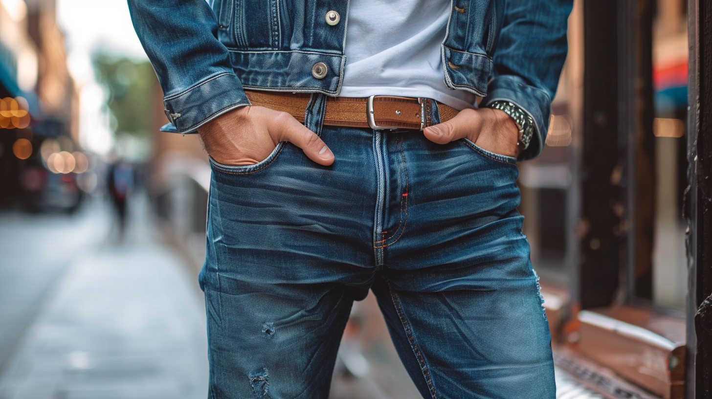 A man wearing classic blue jeans with a modern slim or straight fit, paired with a T-shirt or casual jacket. The look is relaxed and timeless for everyday wear.