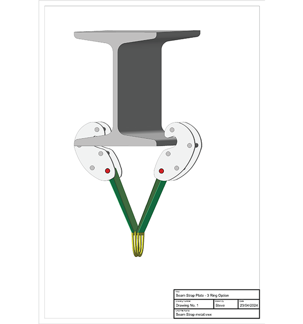 A CAD Drawing of metal beam with the product 'Beam Strap' attached allowing easy load bearing. 