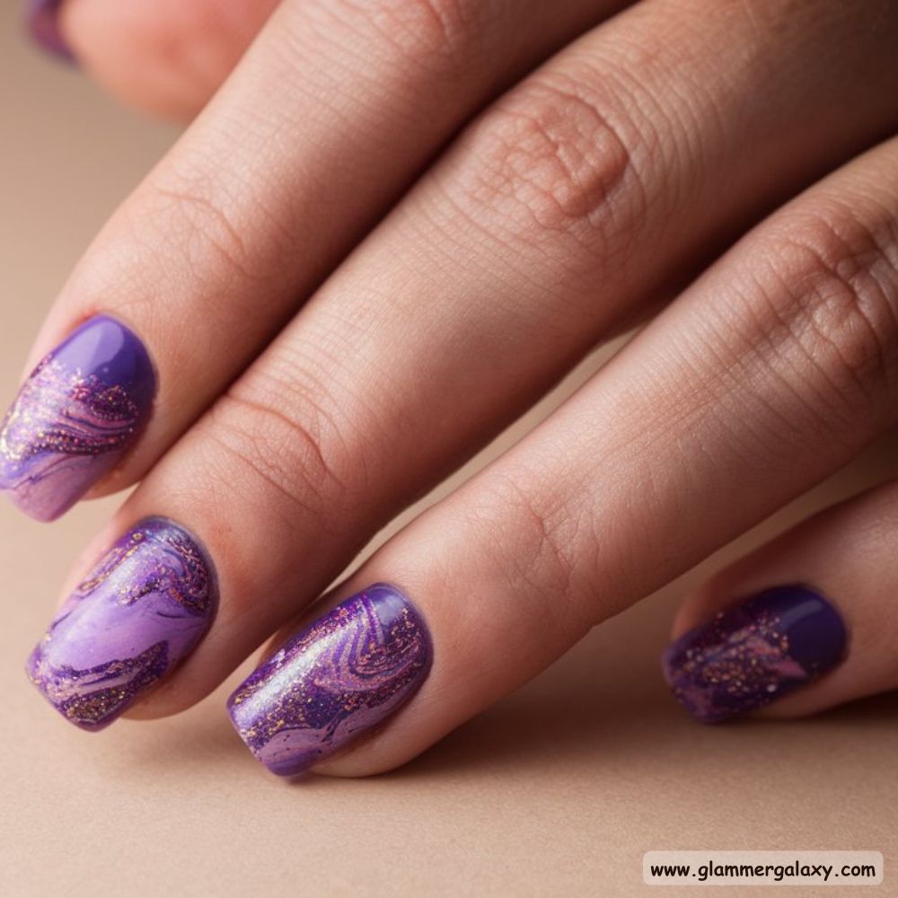 Purple Fall Nails having Glittery Marble Effect
