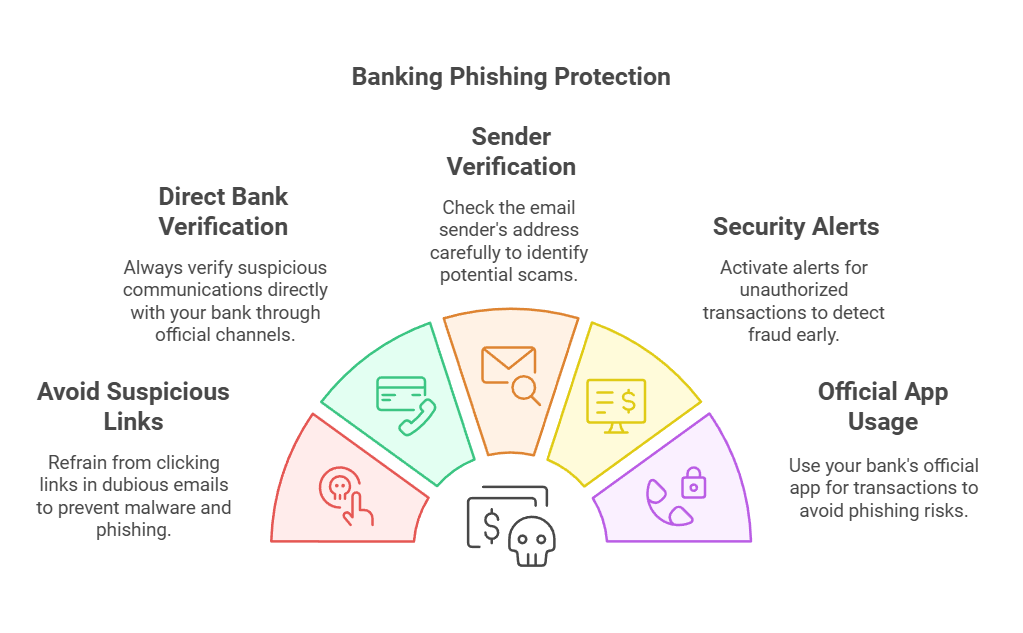 Diagram showcasing the five stages of banking phishing protection, detailing critical steps to enhance online safety