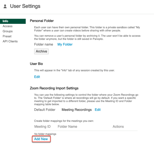 This image shows the Info section of Panopto's ser Settings with a box around the Add New link found under the heading Zoom Recording Import Settings.