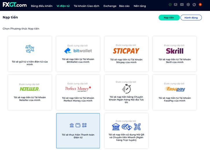 Giao diện nạp tiền sàn FXGT