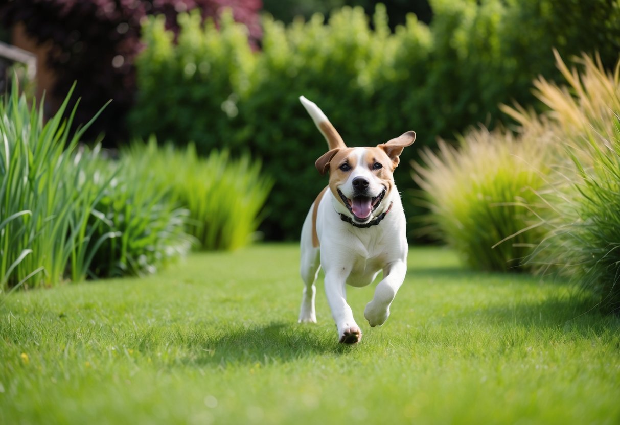 A lush, green yard with a happy dog running and playing on the grass. A variety of dog-friendly grasses are visible, creating a safe and enjoyable environment for pets