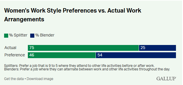 Chart showing that more than half of the women surveyed prefer a job where they can alternate between work and other life activities.