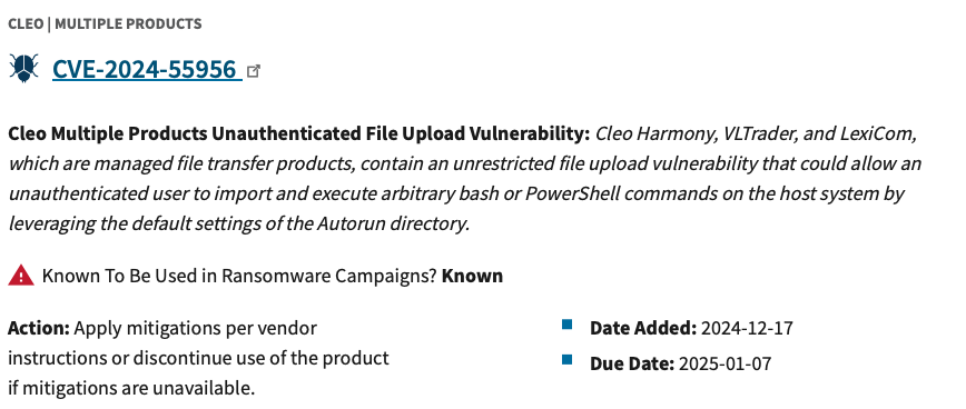 CISA added CVE-2024-55956 to its Known Exploited Vulnerabilities (KEV) catalog. 