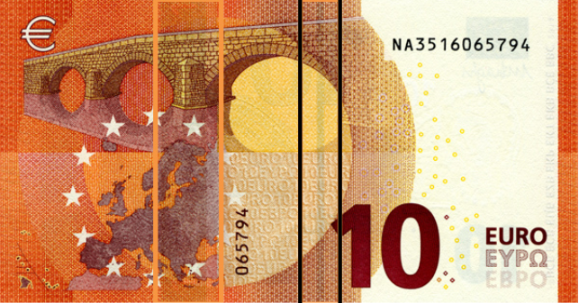 The security thread on the 10-Euro note, reverse side