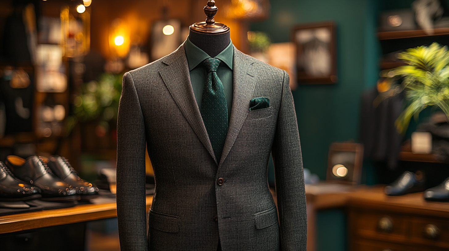 A mannequin dressed in a charcoal gray suit with a deep forest green shirt. The outfit is styled for a formal setting, featuring a dark green silk tie, a neatly folded pocket square, polished black dress shoes, and a matching belt. The background is a luxury boutique with soft lighting highlighting the rich textures of the suit.