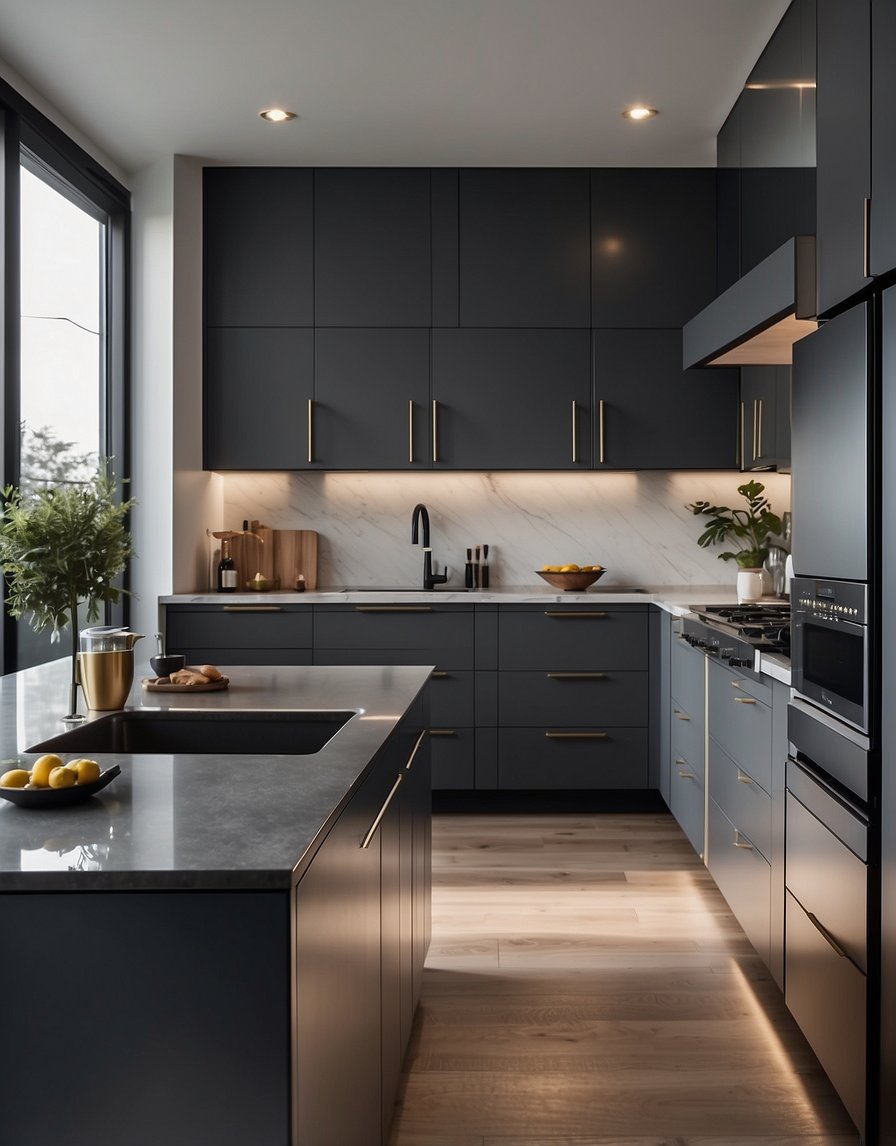 A sleek, modern kitchen with metallic mist 32 dark gray cabinets, reflecting light and adding depth to the space