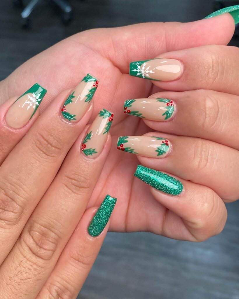 Festive Christmas nail designs featuring red and green nails with glitter accents, snowflakes, and holiday-themed nail art.