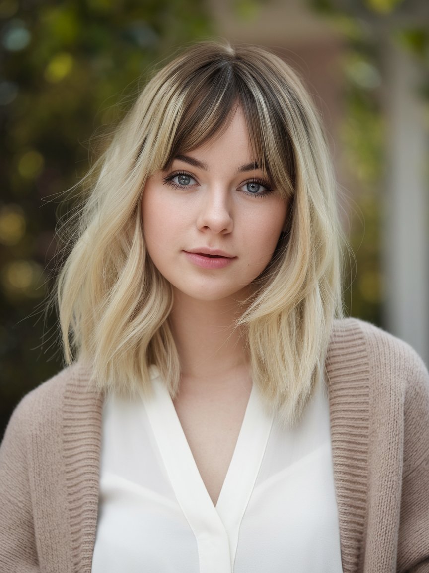 8. Blonde Lob with Dark Roots and Curtain Bangs