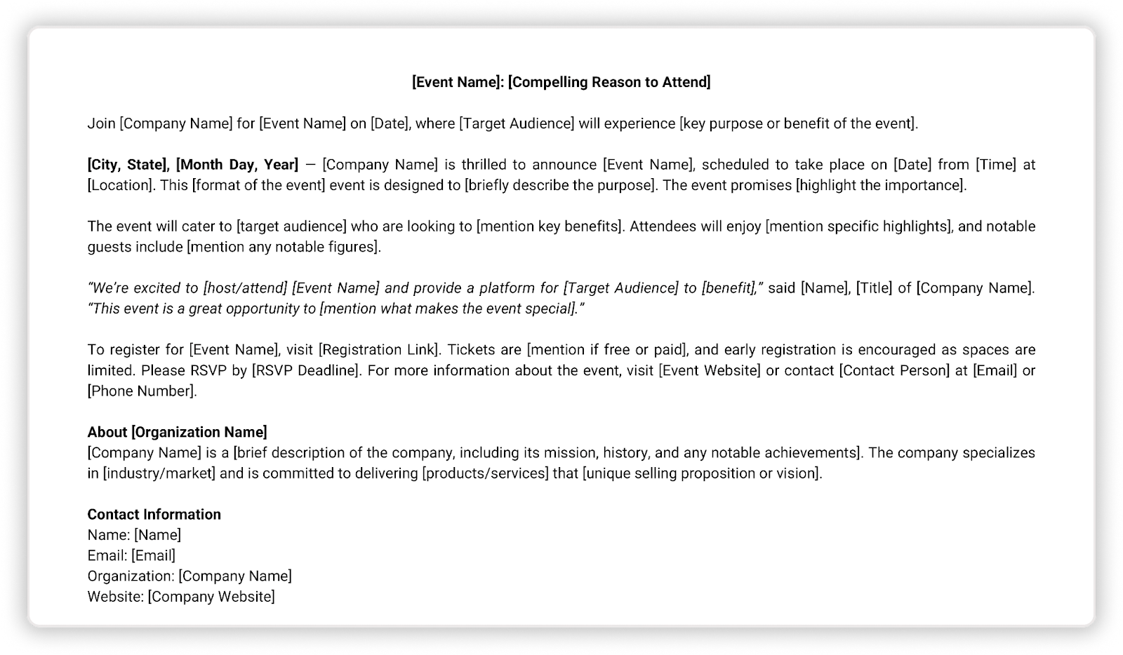 Screenshot of Event press release template.