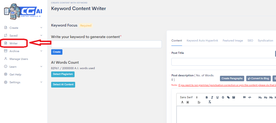 Content Gorilla AI keyword writer