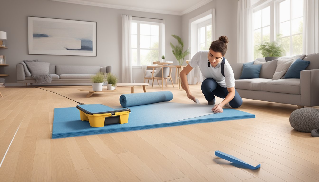 A flooring installer lays down SPC flooring in a room with controlled temperature and humidity. Tools and materials are neatly organized nearby