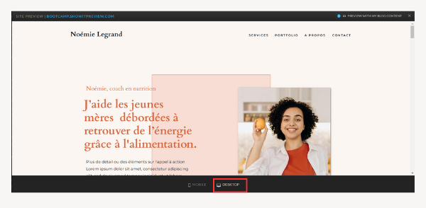 Prévisualiser le design de votre site sur la version bureau avec l'interface de design Showit