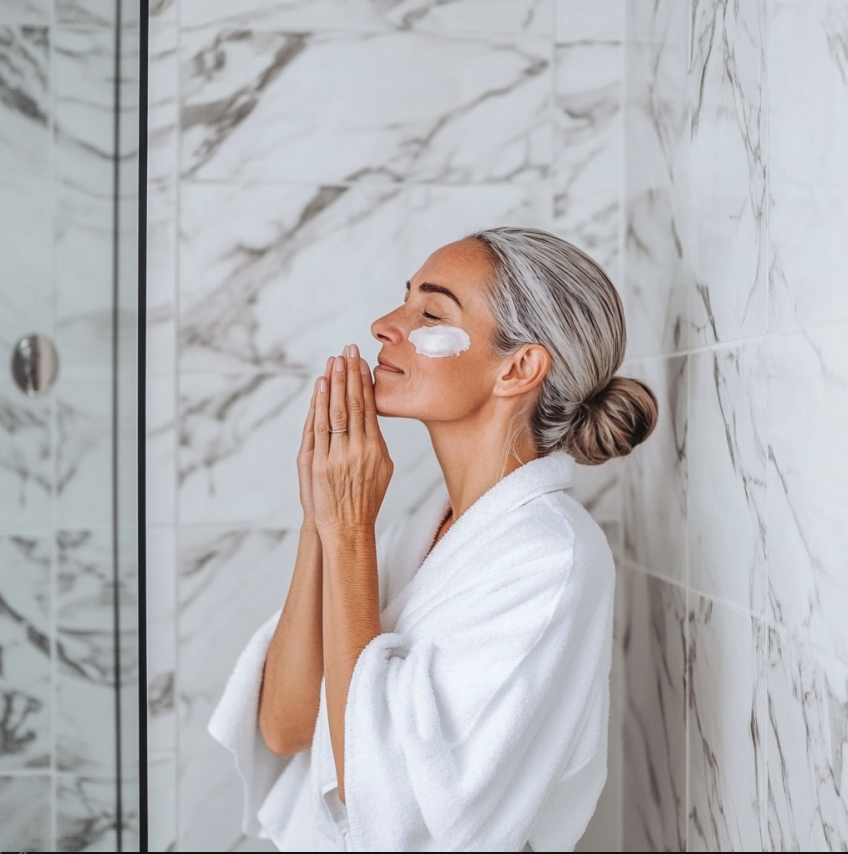 Mature woman standing in her white robe in a marble bright bathroom. She has her grey long hair tied back into a low bun and has her hands up by her chin in prayer position. Featured in the blog, "Can I Use Coconut Oil As A Body Cream?"