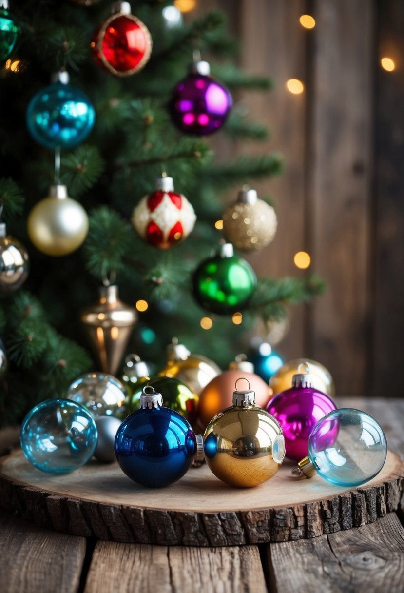 A rustic wooden table adorned with an array of vintage glass baubles in various shapes and colors, ready to be hung on a Christmas tree