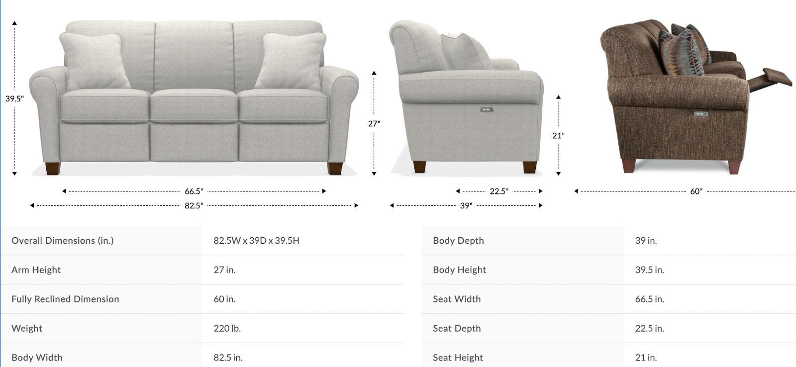 bennett duo reclining sofa size and dimensions