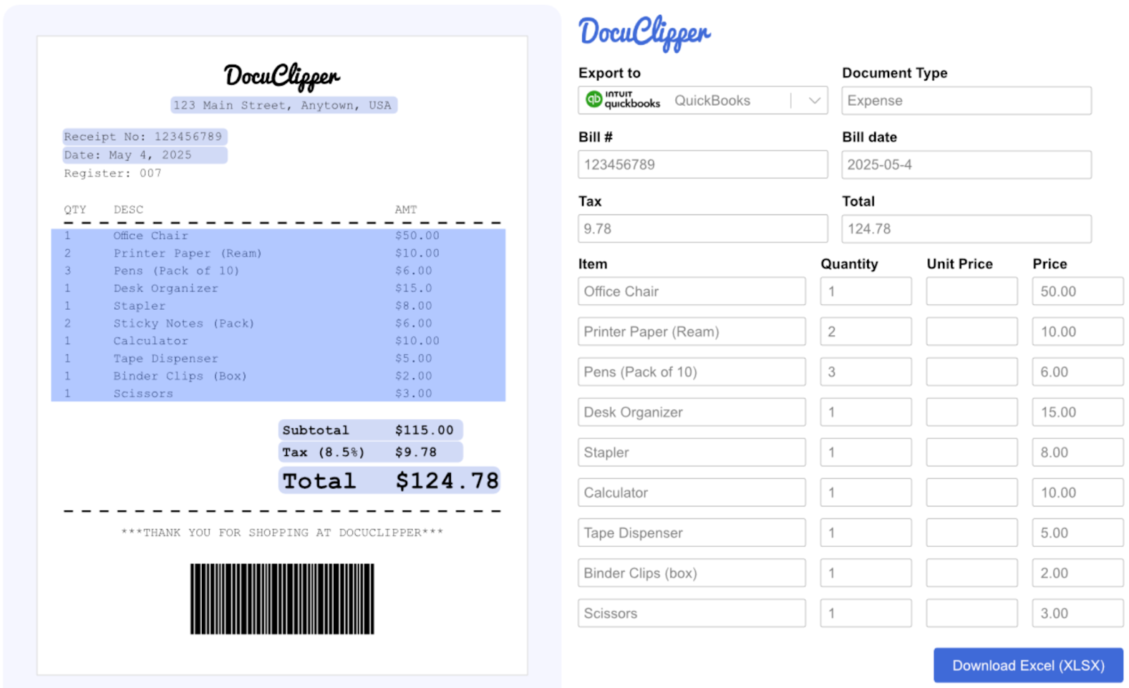 Using the document analyzer function of DocuClipper.