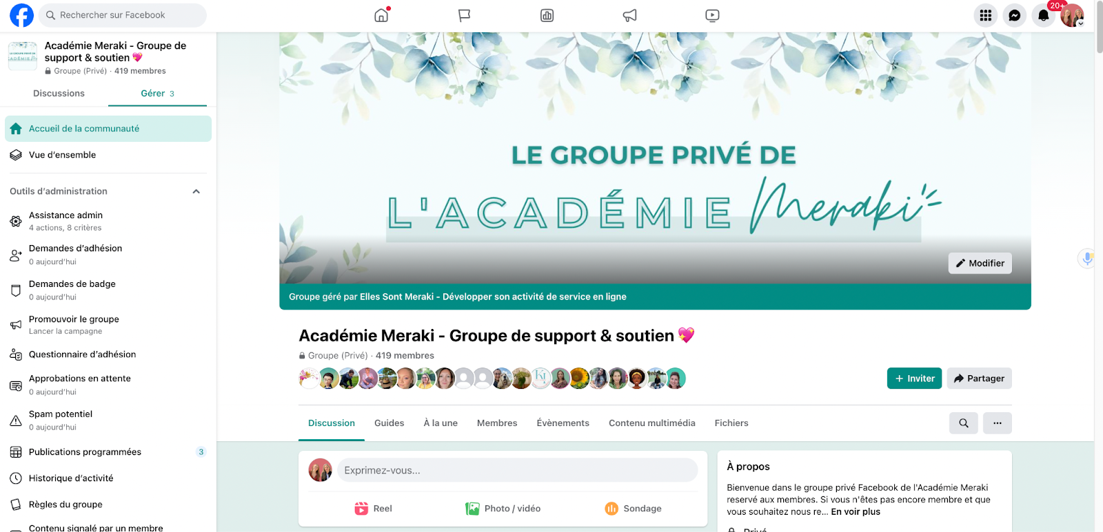Le groupe privé de l'Académie Meraki  exemple d'espace communautaire pour site de membres
