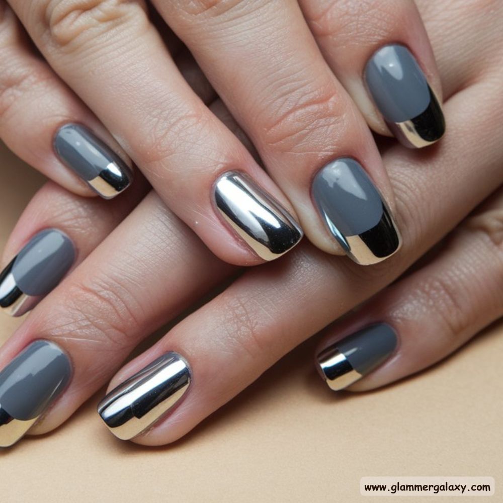 Winter Gray Nails having Futuristic Silver Chrome
