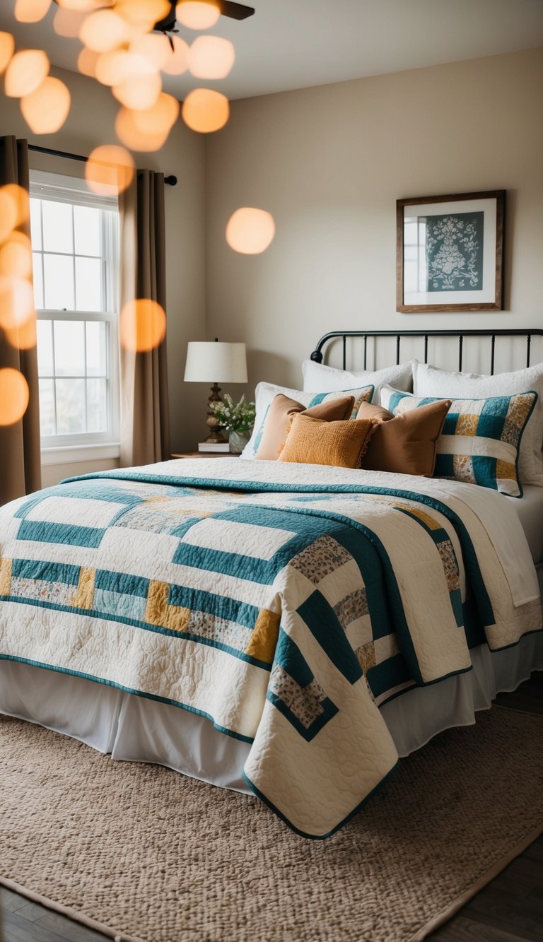 A cozy guest bedroom with a classic quilt bedding set, adorned with 23 different design ideas, creating a warm and inviting atmosphere