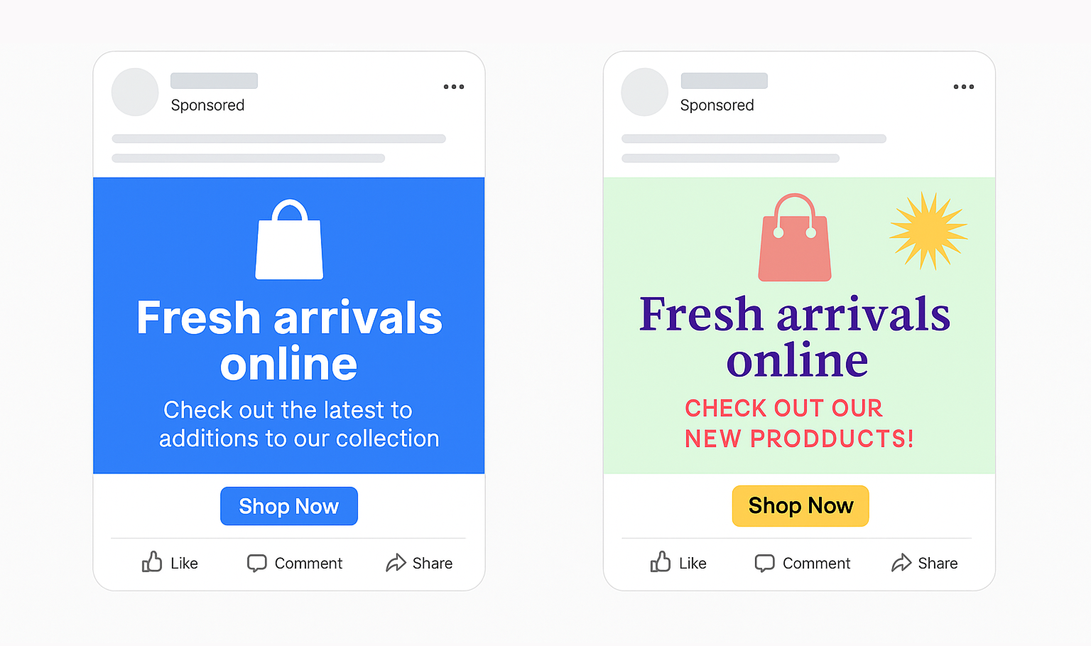 Illustration showing two Facebook ads with different brand styles