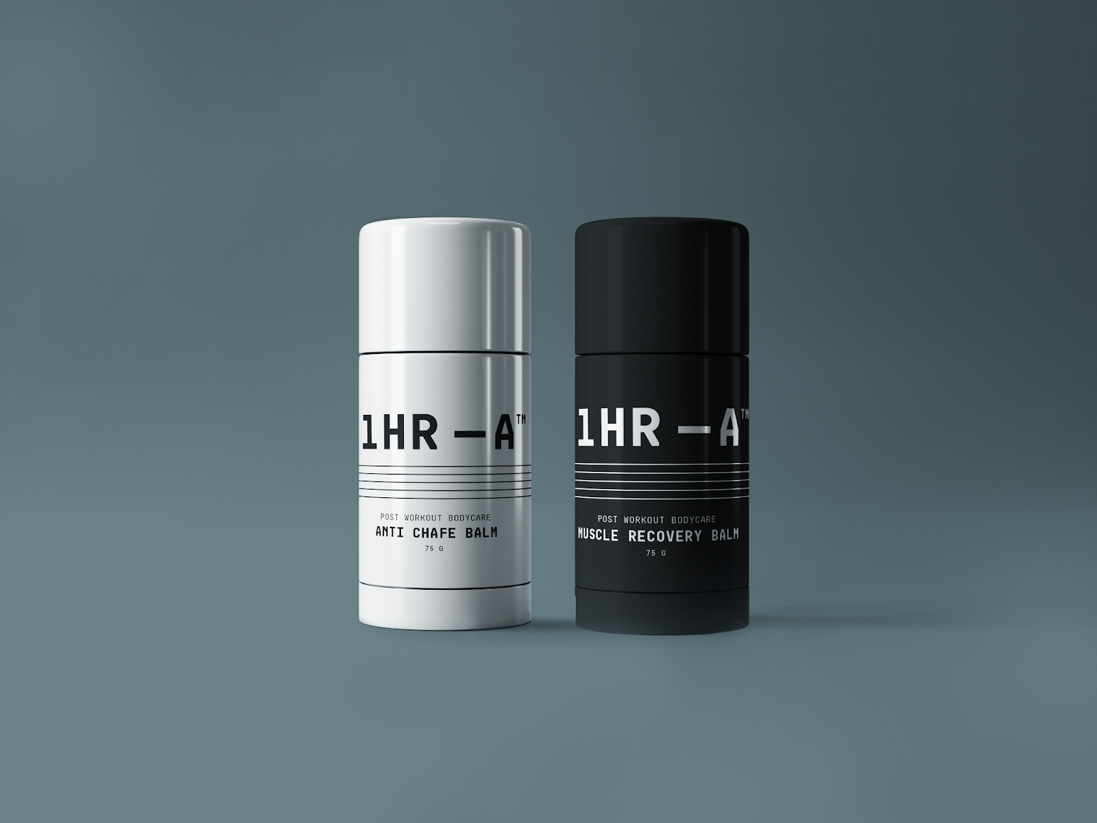 1Hour-After Anti Chafe Balm (white) and Muscle Recovery Balm (black) standing side by side against a sleek, dark background.