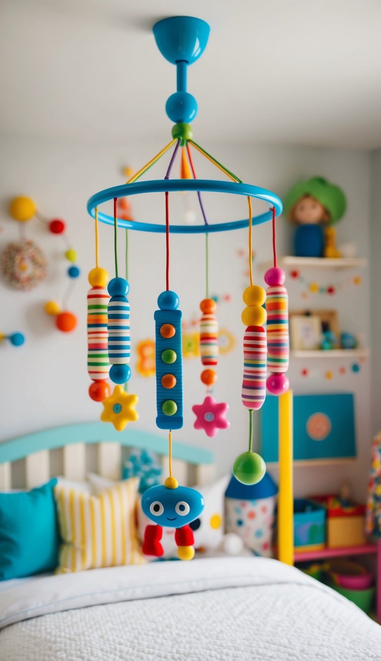 A colorful musical mobile hangs above a neatly made bed in a child's bedroom, surrounded by playful and imaginative decor