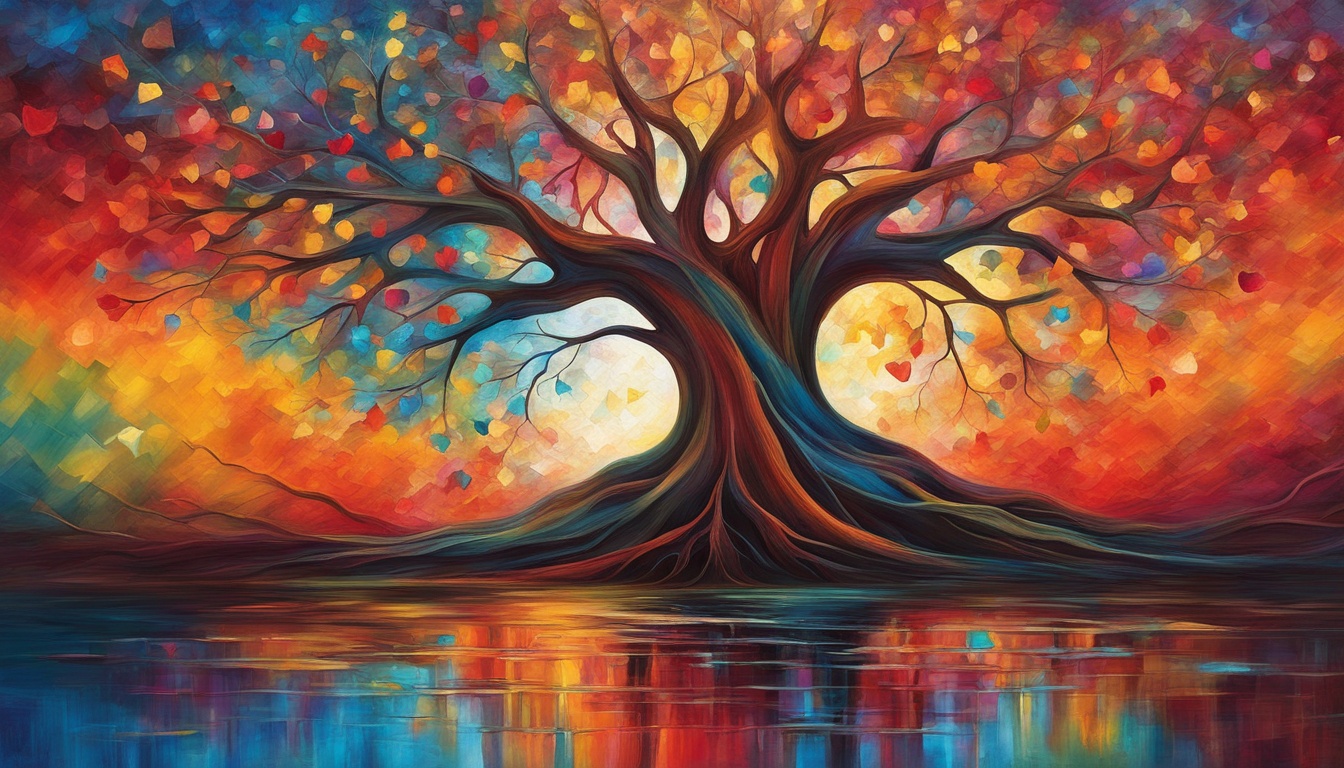 A glowing tree rooted in a foundation of authenticity and trust, with branches extending towards a burst of vibrant colors representing love, communication, and shared values.