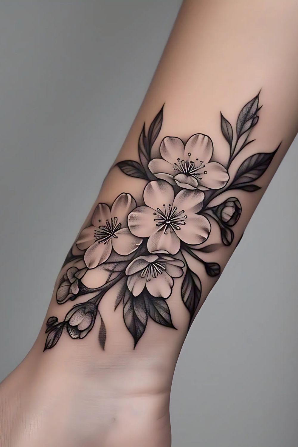 Black & Grey Cherry Blossom Tattoo