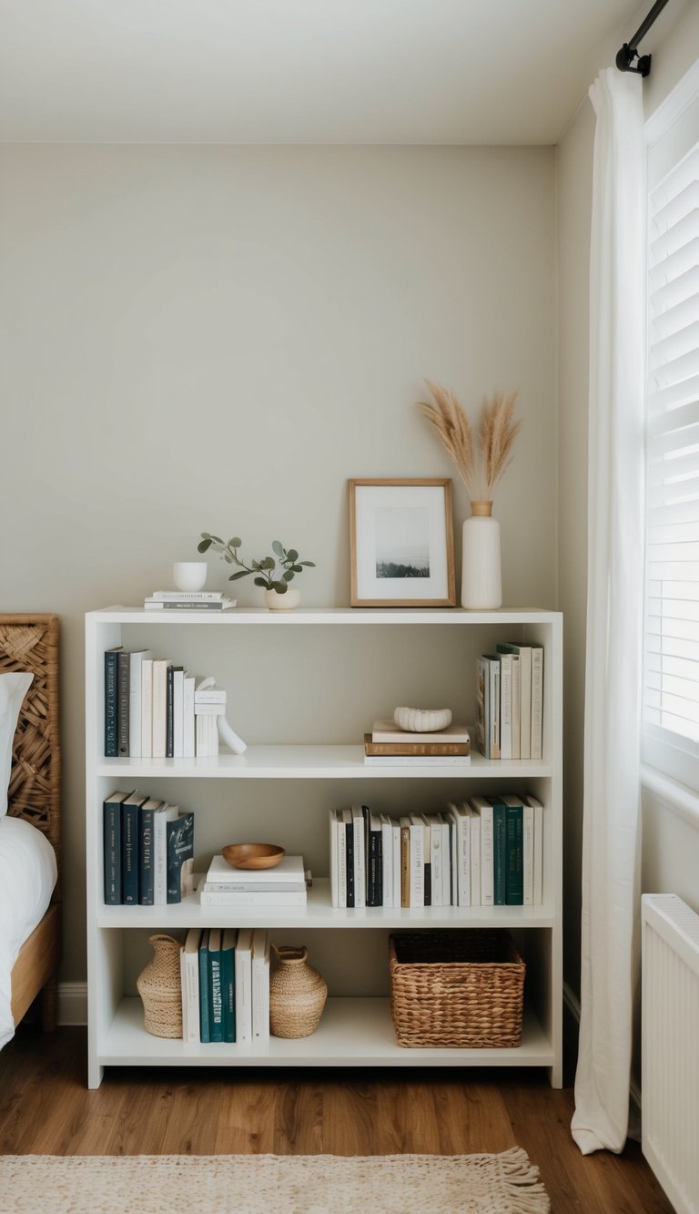 A simple, clean bookshelf in a cozy guest bedroom, with a few carefully curated books and decorative items