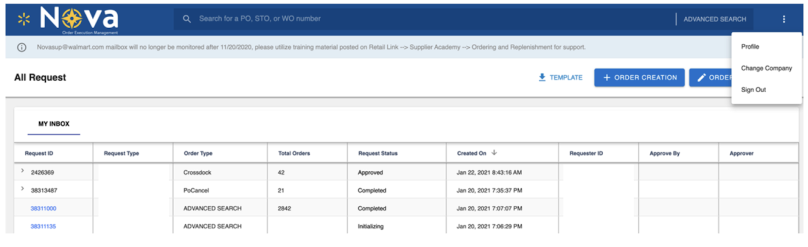 The image shows the NOVA Order Execution Management interface. At the top, there is a blue navigation bar with a search field labeled "Search for a PO, STO, or WO number" and an "Advanced Search" button. A dropdown menu includes options for Profile, Change Company, and Sign Out. Below, the section titled "All Request" displays a table labeled "My Inbox" with columns for Request ID, Request Type, Order Type, Total Orders, Request Status, Created On, Requester ID, Approve By, and Approver. Entries include requests for Crossdock and PoCancel with statuses such as Approved, Completed, and Initializing. Buttons for "Template," "+ Order Creation," and "Order Edit" are visible on the right.