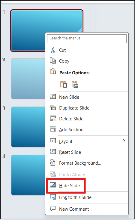 Hide Slide Option is highlighted in the context menu.