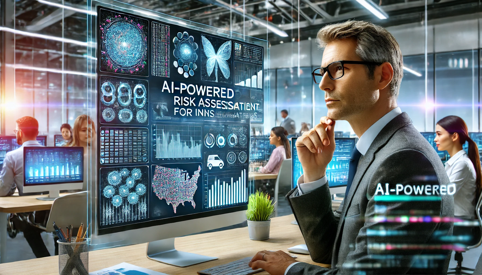An image depicting an AI system analyzing vast amounts of data on a computer screen to determine risk assessments for different population segments. In the foreground, an insurance agent looks at the screen with a thoughtful expression, surrounded by data charts and graphs. The background shows a modern office environment with other employees working.