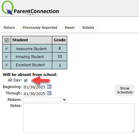 This image highlights the All Day option for reporting an absence.