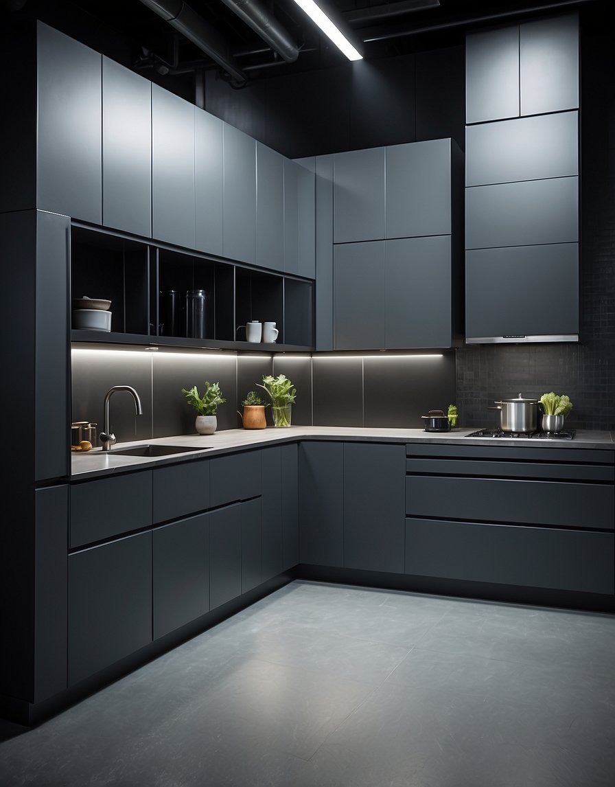 Industrial steel kitchen cabinets in dark gray, sleek and modern, with clean lines and minimalist design