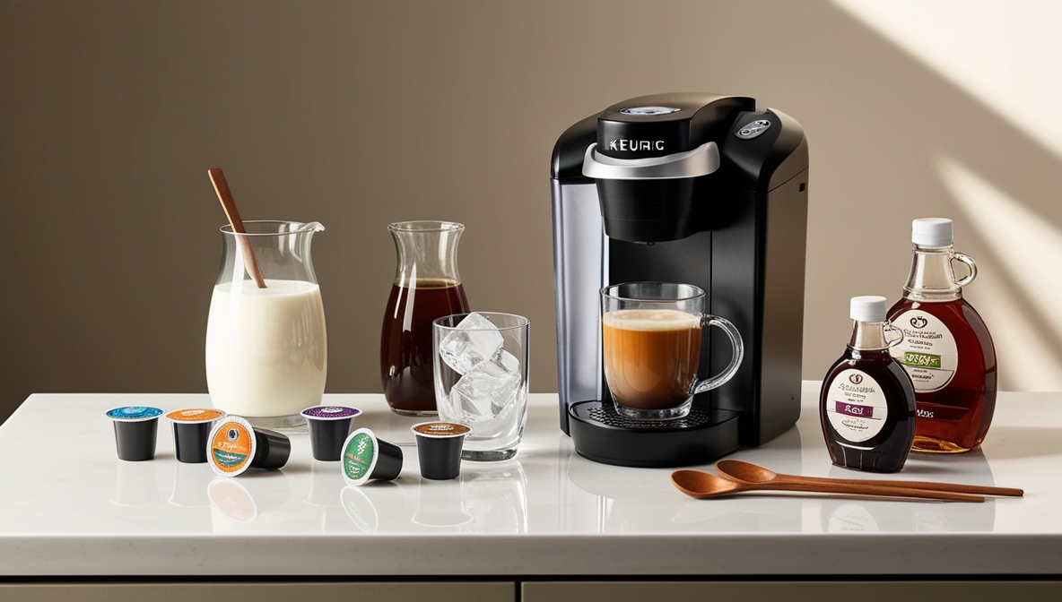 This image features a Keurig coffee machine as the central focus, with a glass mug of coffee placed in the machine’s drip tray. On the counter, there are various coffee pods in different colors arranged in front of the machine, along with a glass pitcher of milk, a glass pitcher of brewed coffee, and a glass of ice. Additionally, there are two bottles of syrup and wooden stirring spoons, showcasing ingredients commonly used for making iced coffee or lattes. The setting has a clean, modern aesthetic with natural lighting.