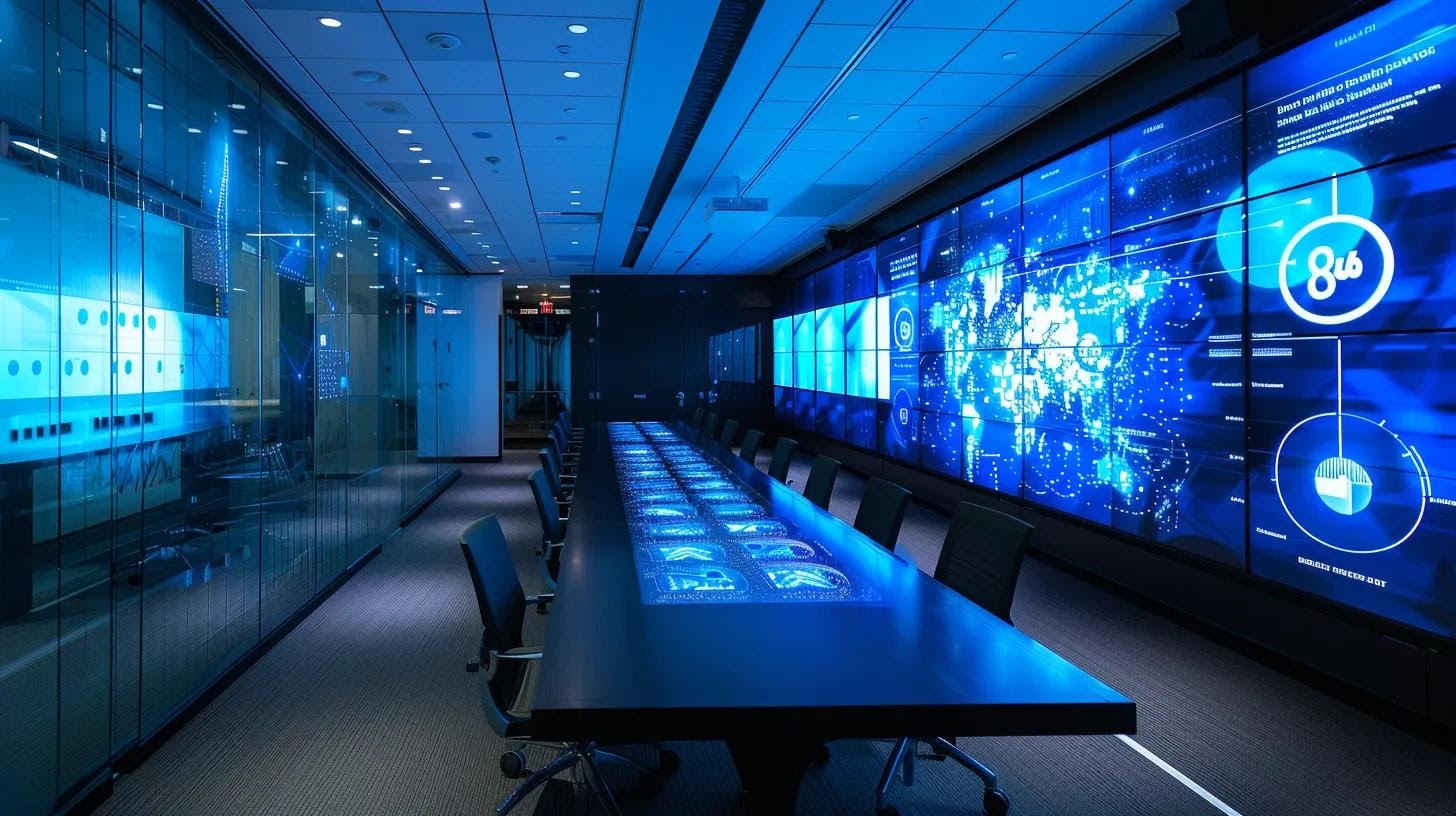 a sleek, modern office environment showcases a large digital display featuring an intricate interface of interconnected ui components, symbolizing the evolution of component-based design in web development with dynamic visuals and a collaborative team engaged in brainstorming around a contemporary conference table.