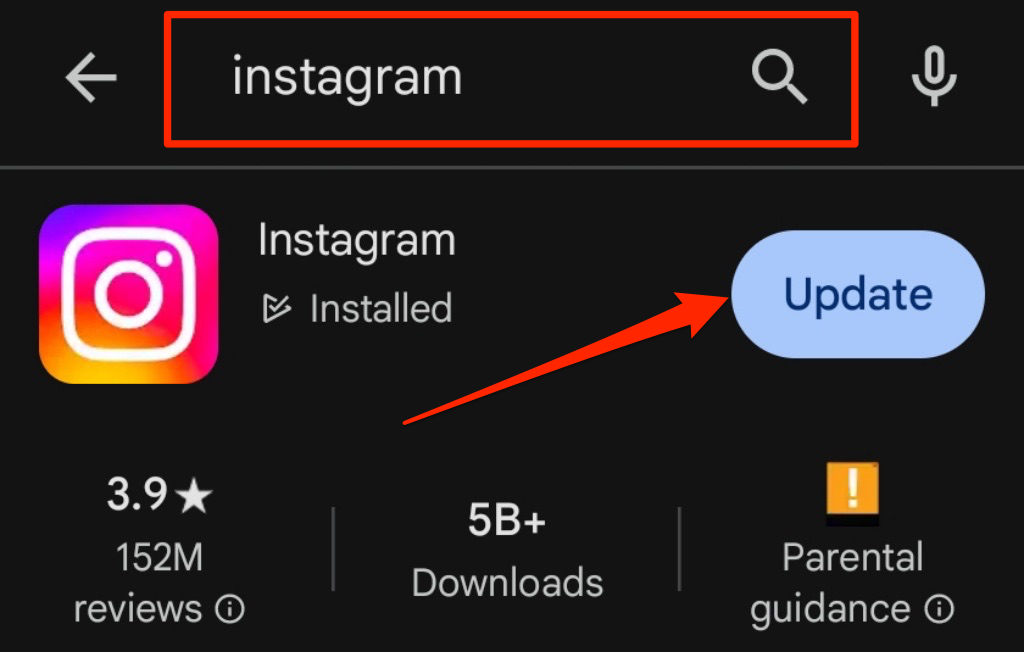 Steps to update Instagram in the Google Play Store