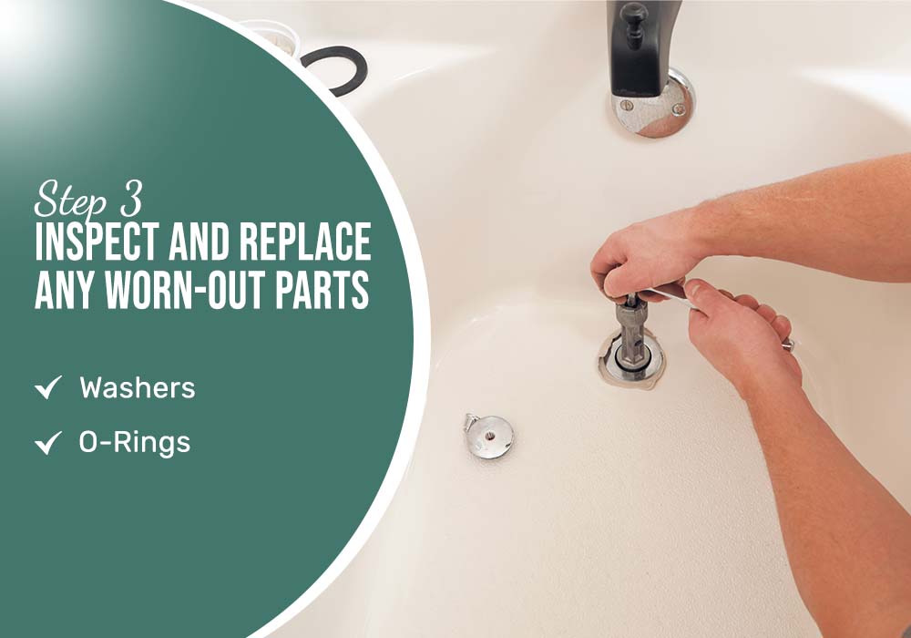 A person inspects and replaces worn parts while fixing a bathtub, illustrating step 3 of how to fix a leaky bathtub faucet with two handles.
