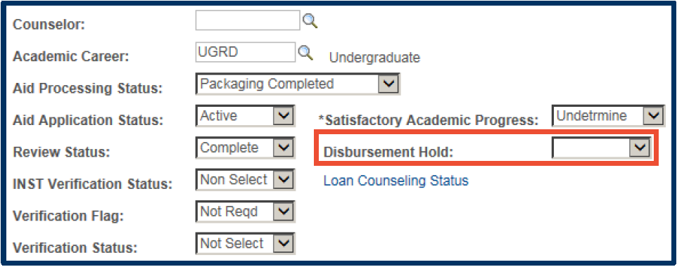 Disbursement Hold emphasized with red box highlight.