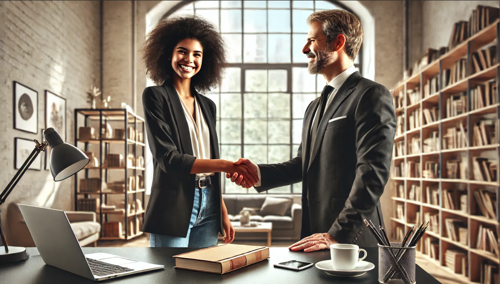 A professionally dressed woman and a man in a suit shake hands in a stylish office, both smiling confidently. The room features large windows, bookshelves filled with books, and a well-organized desk with a laptop, a book, and a coffee cup. The natural light and modern decor create a warm and professional atmosphere. The image conveys success, partnership, and a positive business agreement.