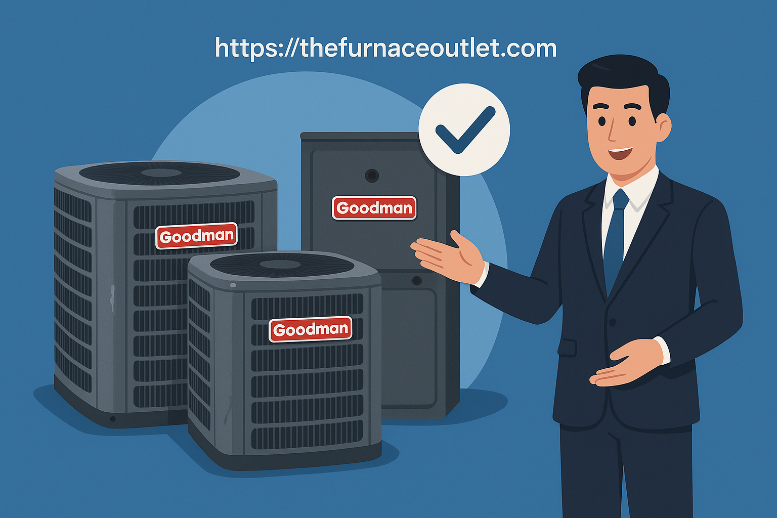 A 2D digital illustration promotional graphic for TheFurnaceOutlet.com features a business professional presenting three Goodman HVAC units—two AC condensers and a furnace—set against a clean blue background, highlighting marketing strategies for scratch and dent products.