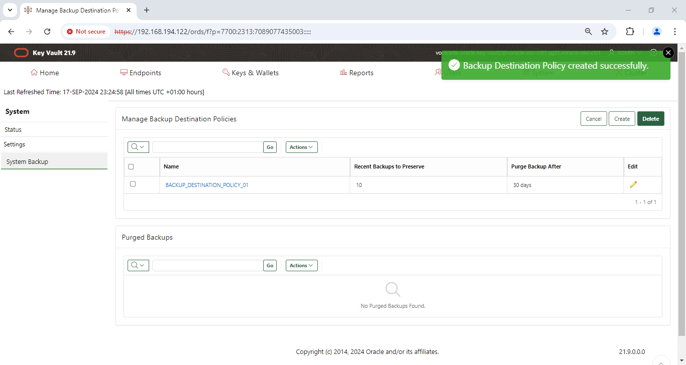 Manage Backup Destination Policies - Google Chrome