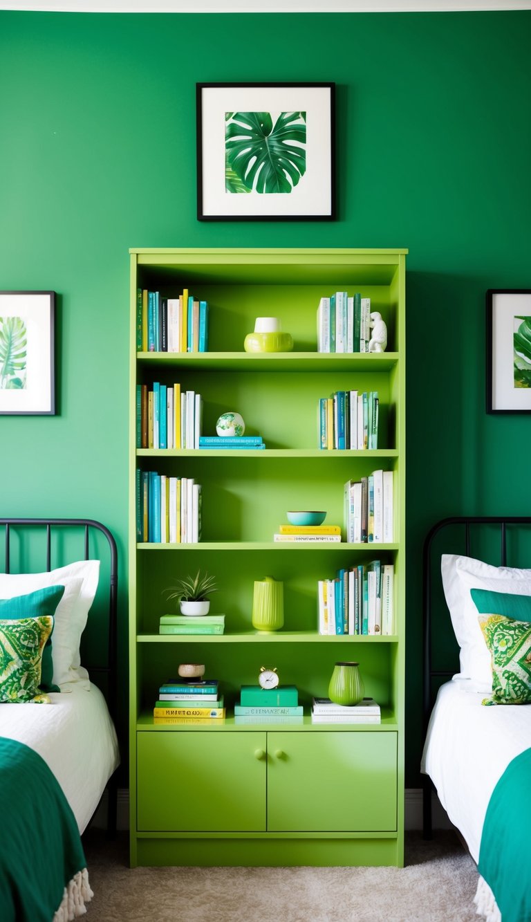 A chartreuse bookshelf stands against a green wall in a bedroom filled with 23 vibrant green decor ideas