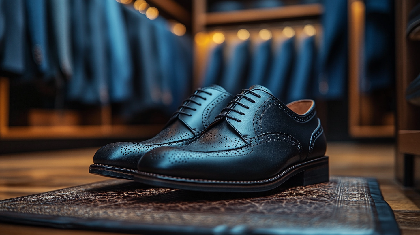 A pair of black brogues on a vintage leather mat, surrounded by shades of blue suits with intricate textures hanging in a closet.