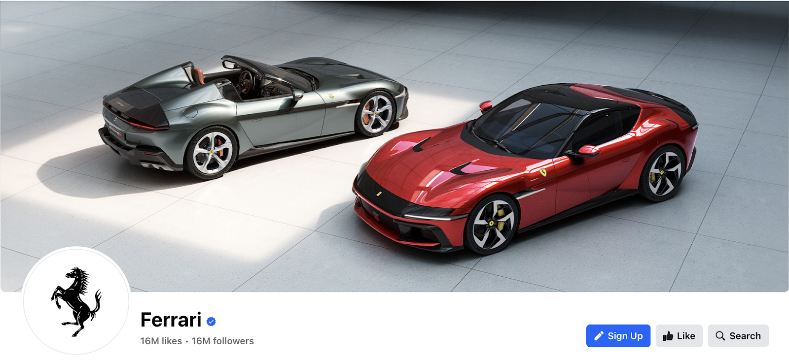 Ferrari's Facebook cover photo featuring two cars.