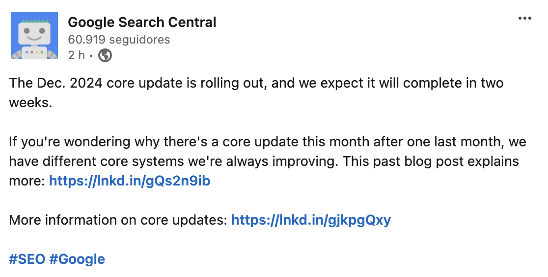 Print de um tweet sobre a atualização central do Google de dezembro de 2024.