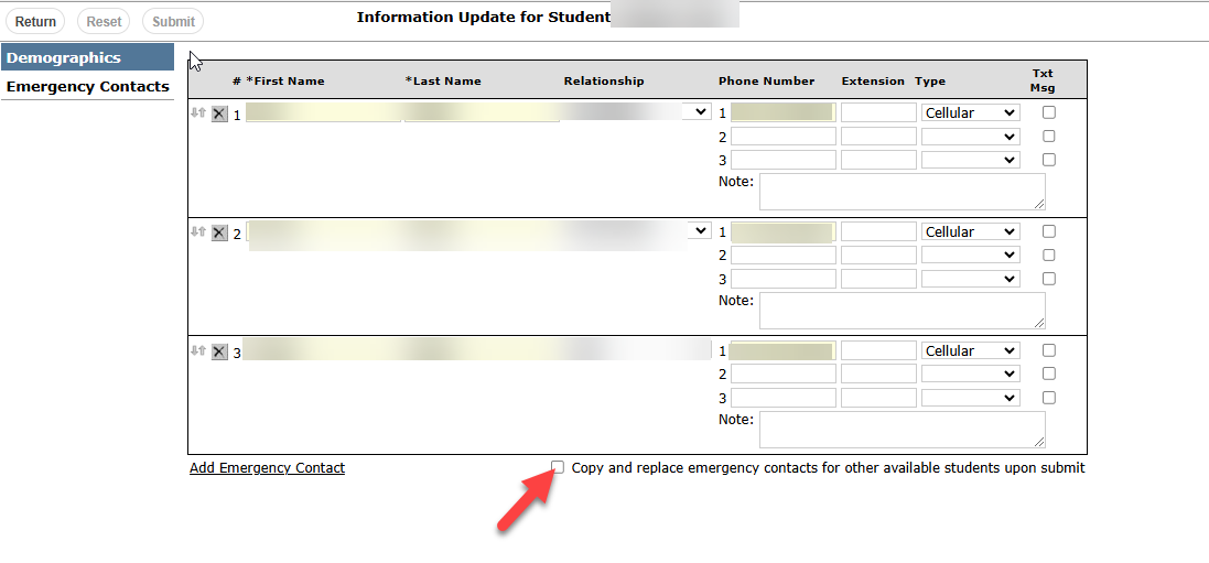 This image highlights the Copy and replace emergency contacts for other available students upon submit checkbox.